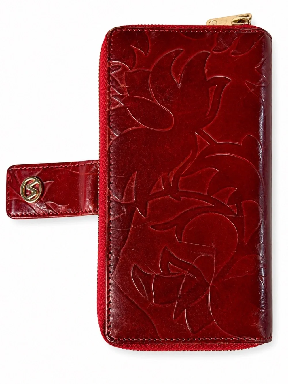 Valentina Italian Genuine Leather Red Embossed Floral Zip Around Wallet